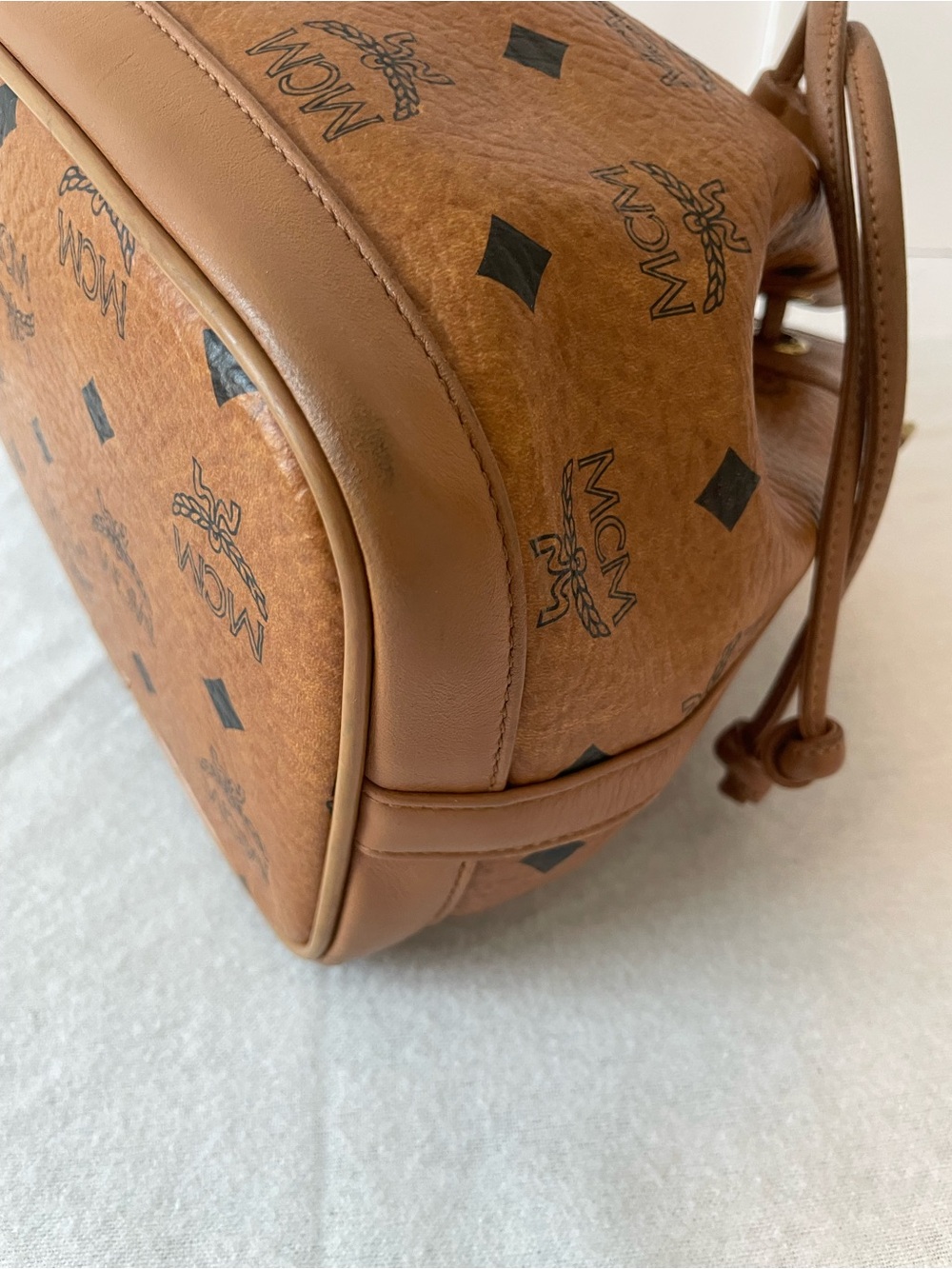 MCM Brown Logo Print Drawstring Bucket Bag w/ Detachable Strap Gold Hardware - Picture 11 of 15